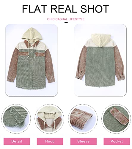 Dokotoo Womens Ladies Corduroy Jackets Flannel Shirts Button Down Coats Contrast Color Block Oversized Hooded Winter Fall 2024 Green Large