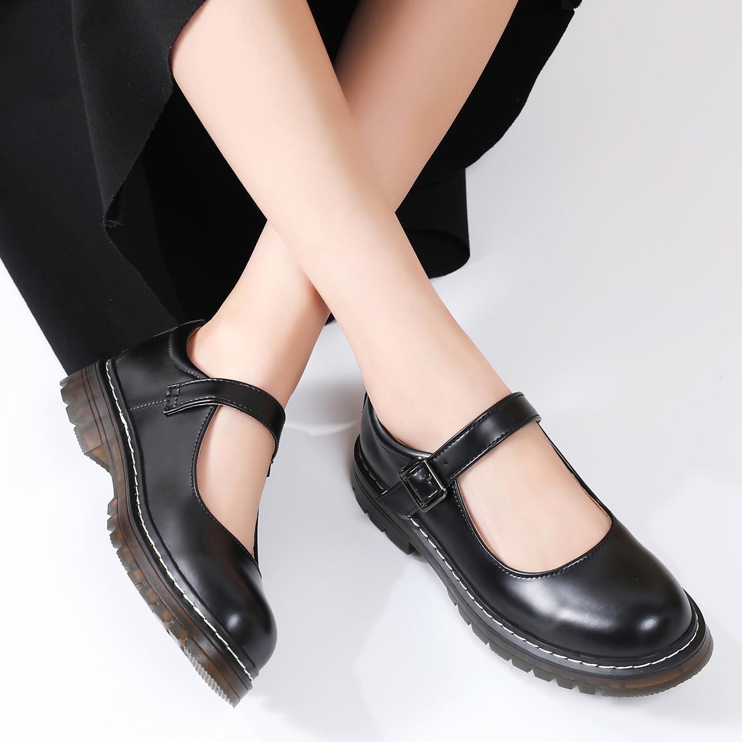 Mary Jane Shoes Women Platform Non-Slip Classics Round Toe Ankle Strap Comfort Casual Oxford Dress Work Mary Jane Flat Shoes Black Size 6