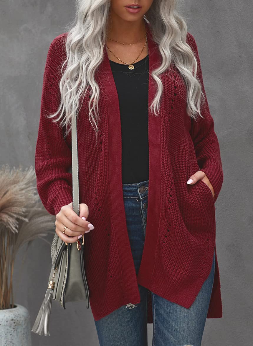 Dokotoo Womens Winter Fall Warm Oversized Open Front Cozy Long Sleeve Side Slit Cardigans Soft Thick Chunky Cable Knitted Wine 2XL