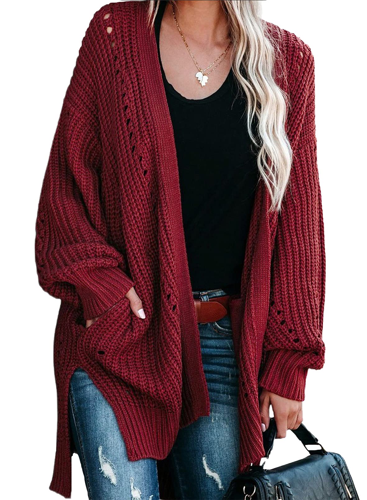 Dokotoo Womens Winter Fall Warm Oversized Open Front Cozy Long Sleeve Side Slit Cardigans Soft Thick Chunky Cable Knitted Wine 2XL