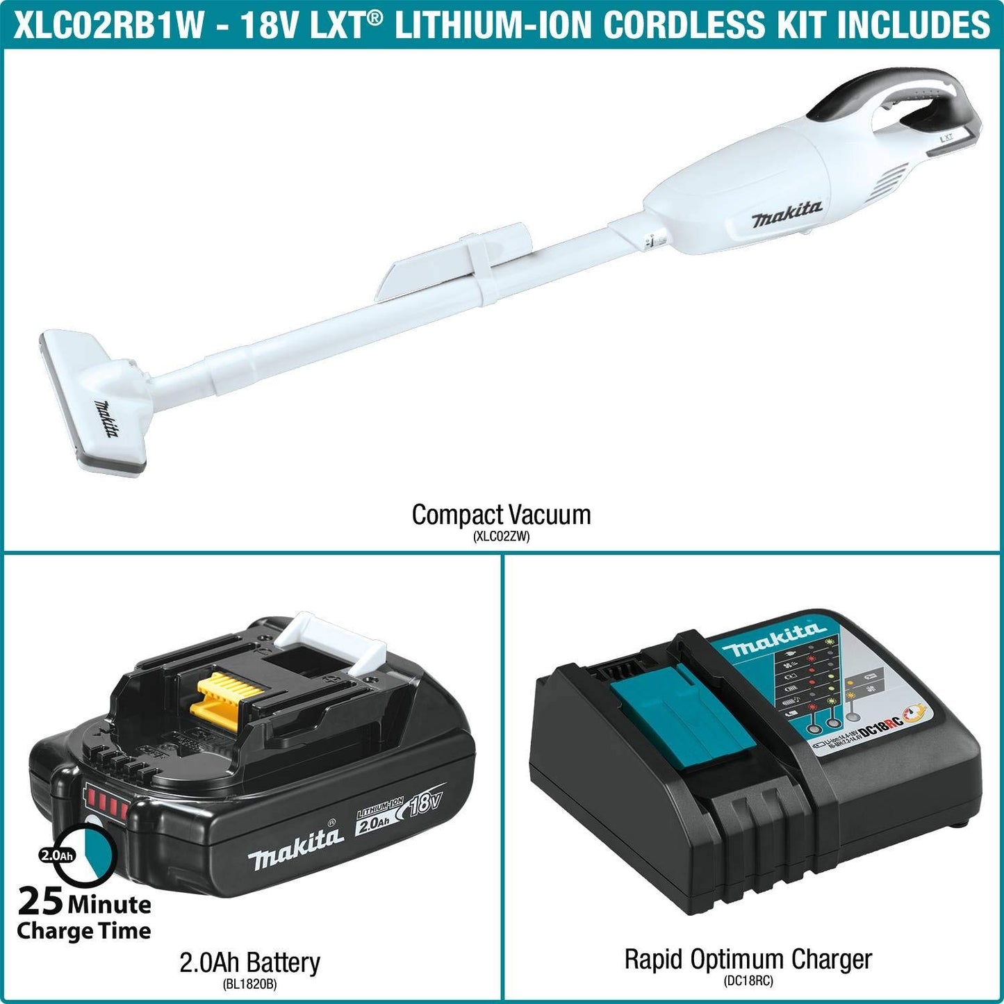 マキタ XLC02RB1W 18V LXT リチウムイオン コンパクト コードレス掃除機キット (2.0Ah)、1.3 パイント