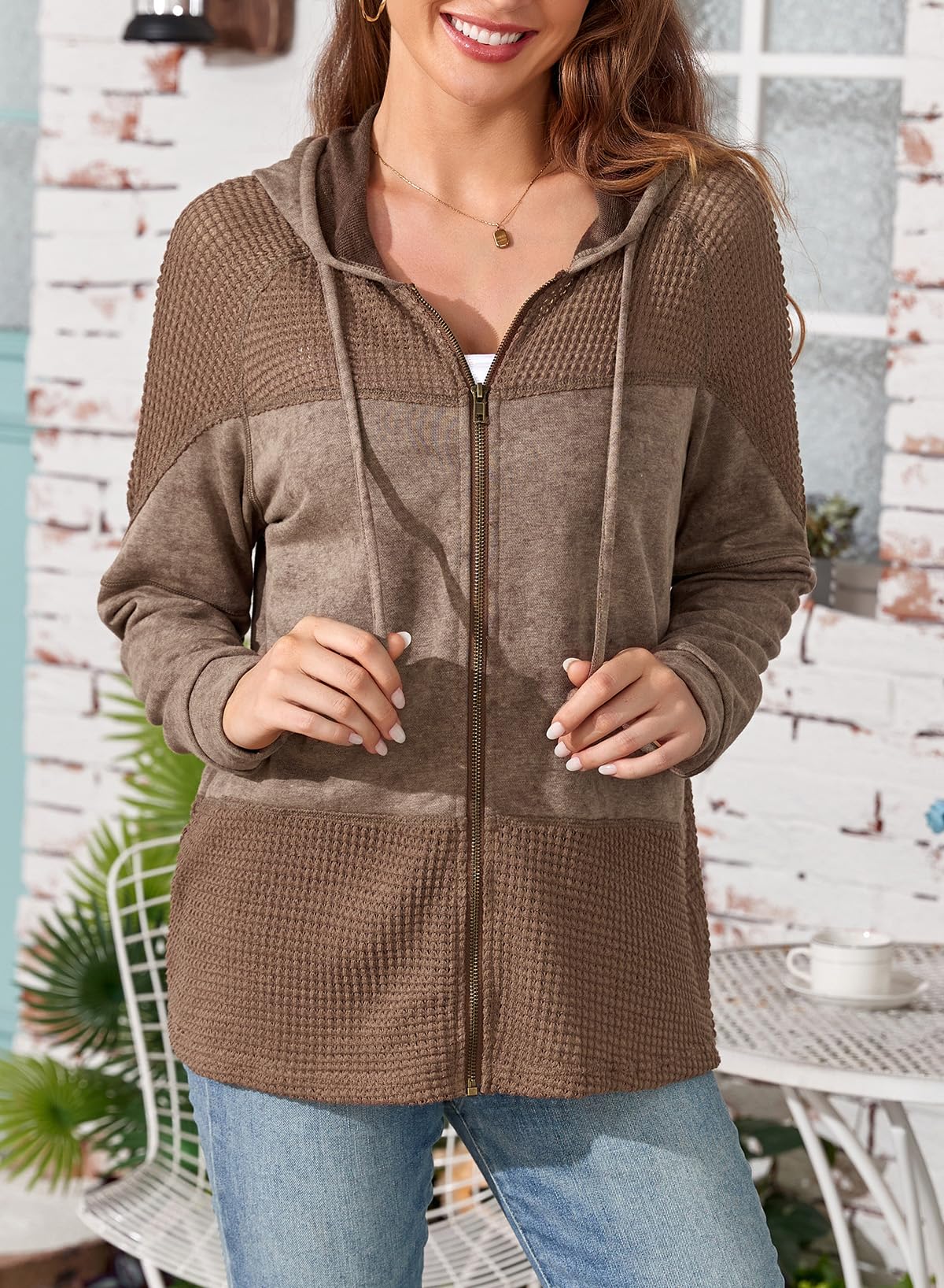 Dokotoo Waffle Stitch Spliced Sweatshirt for Womens Contrast Zip Up Fall Fashion 2024 Clothing Lightweight Jackets,Brown Medium