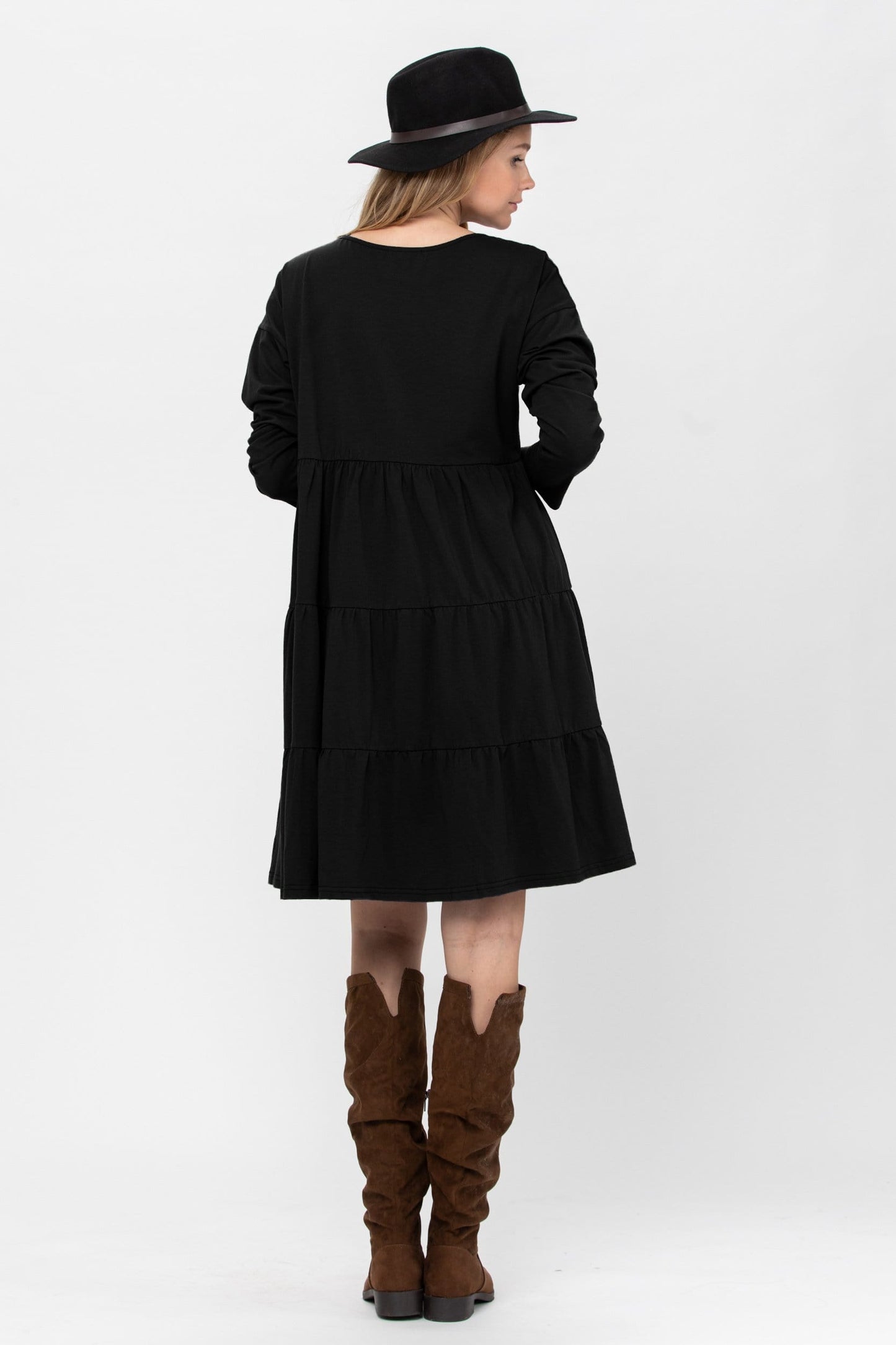 Long Sleeve 3 Tiered Casual Flared Cotton Mini Dress