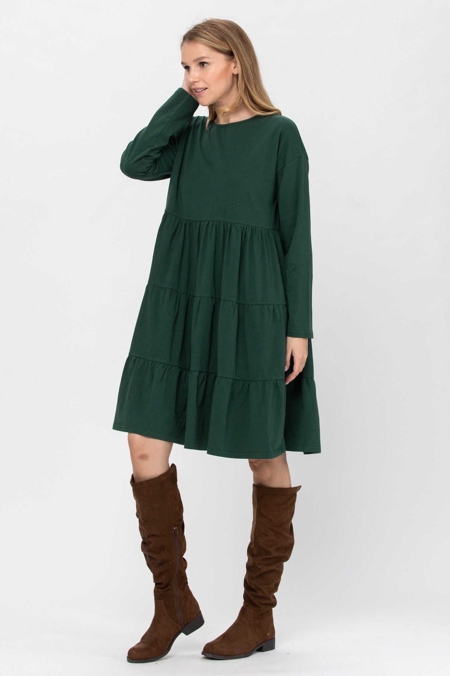 Long Sleeve 3 Tiered Casual Flared Cotton Mini Dress