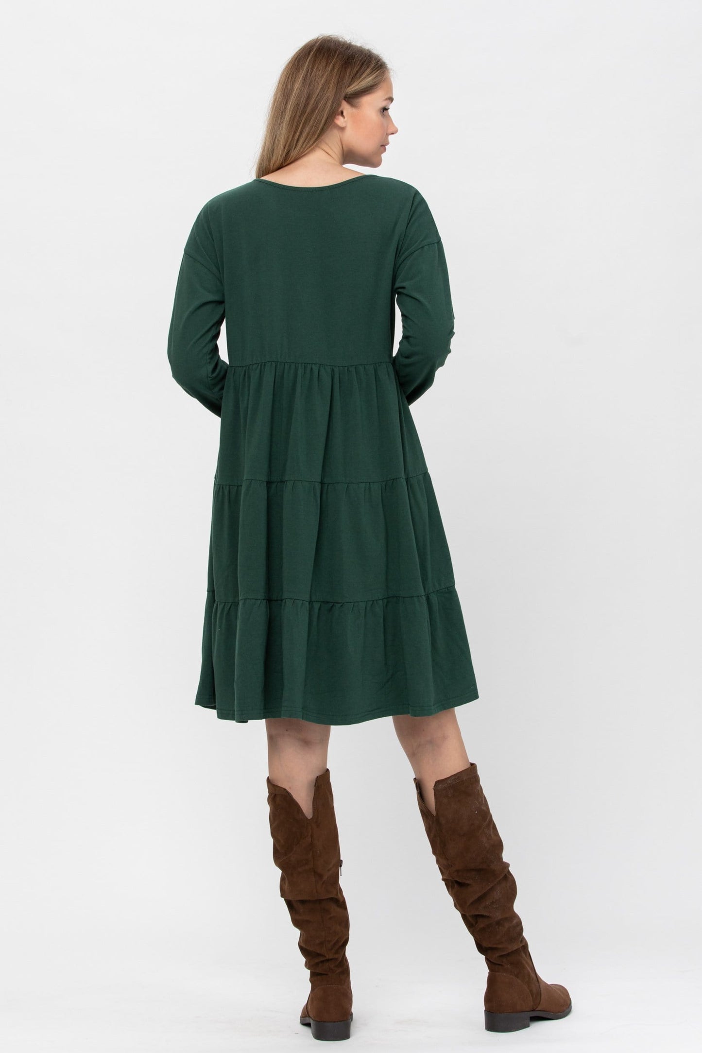 Long Sleeve 3 Tiered Casual Flared Cotton Mini Dress