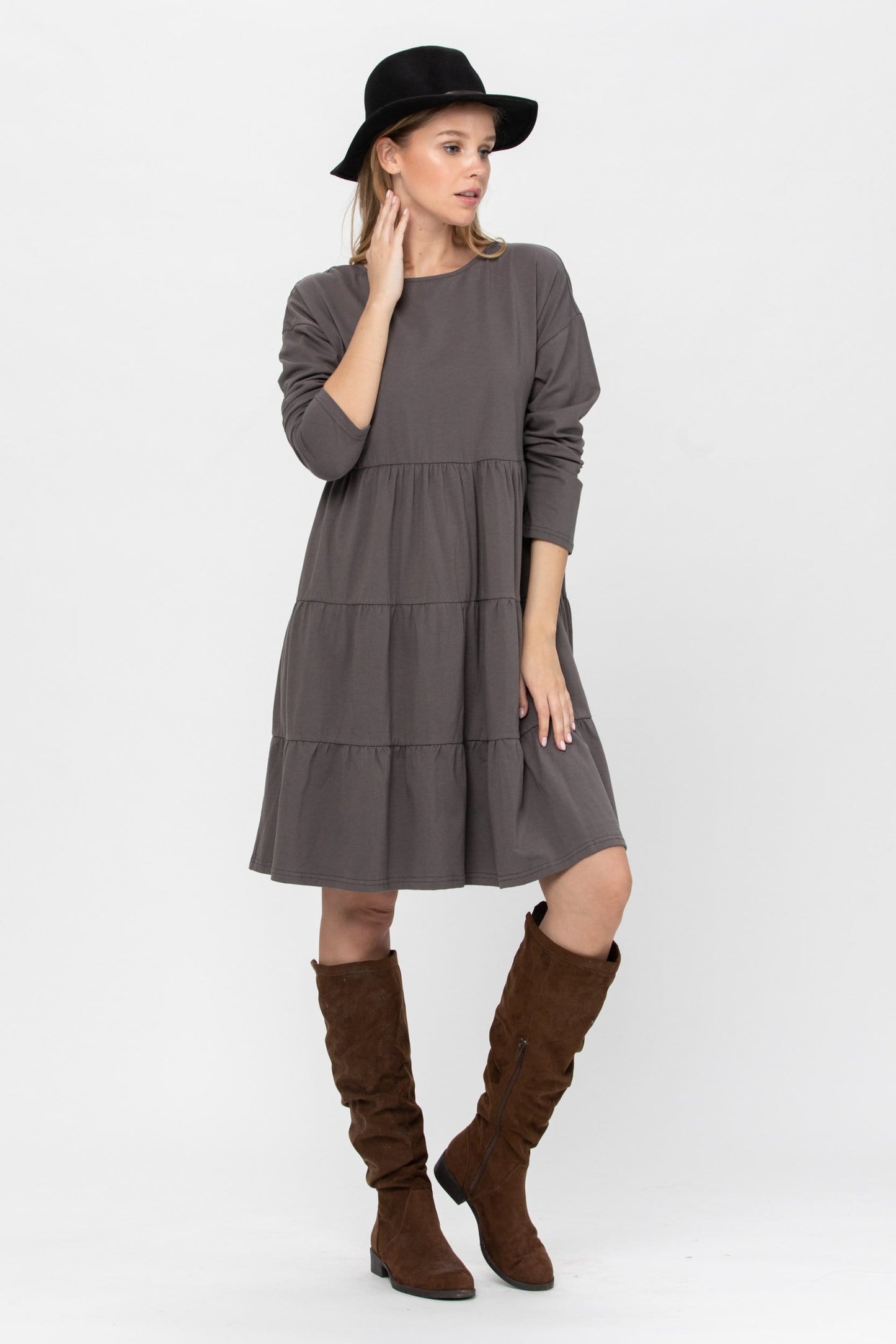 Long Sleeve 3 Tiered Casual Flared Cotton Mini Dress