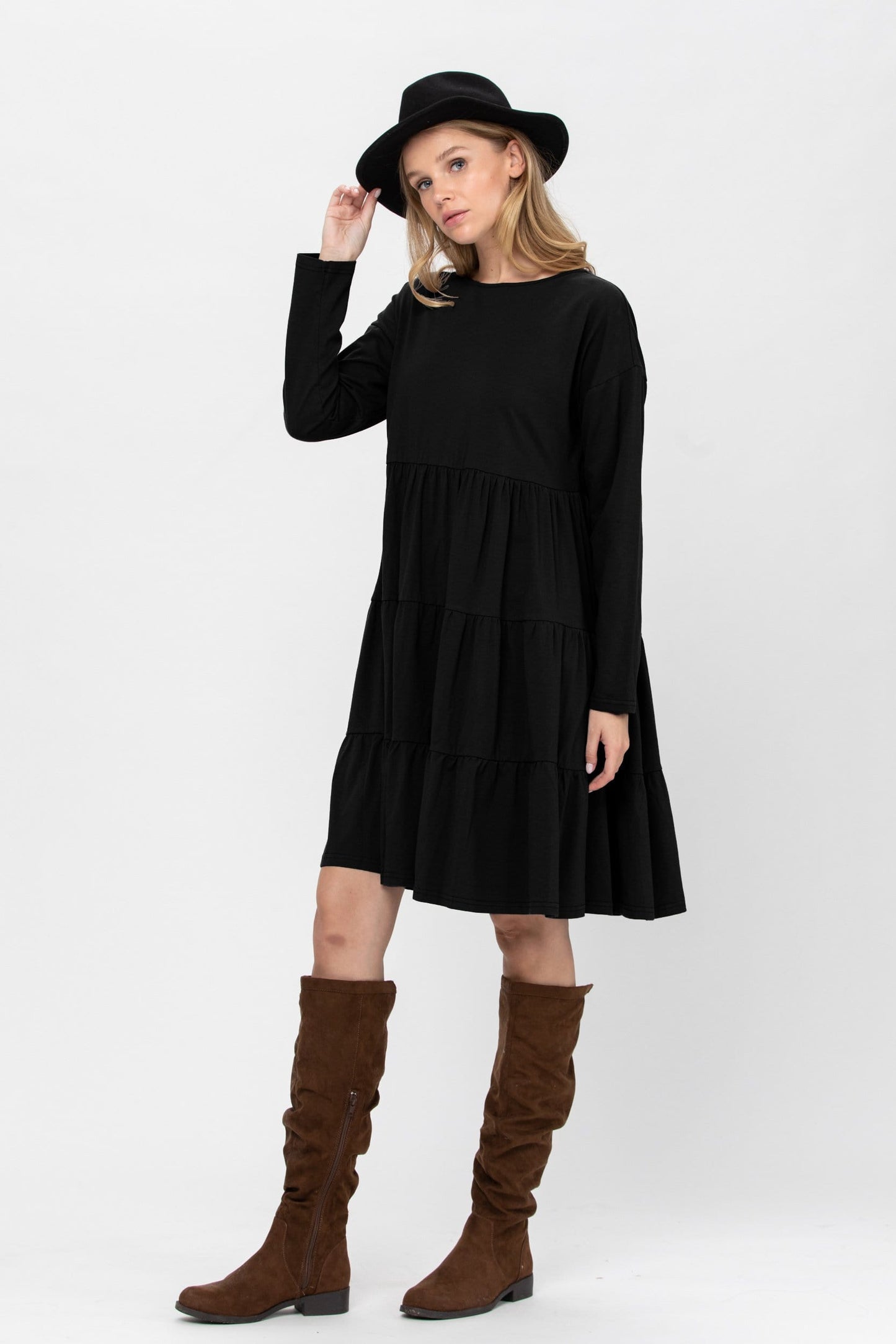 Long Sleeve 3 Tiered Casual Flared Cotton Mini Dress